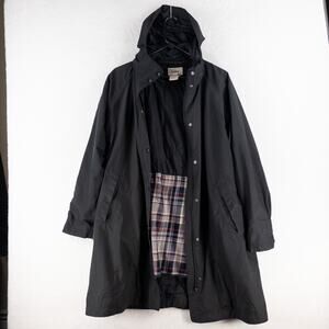 LL Bean Jacket Trench Coat Womens Large Black Removable Hood Wool Zip in Liner